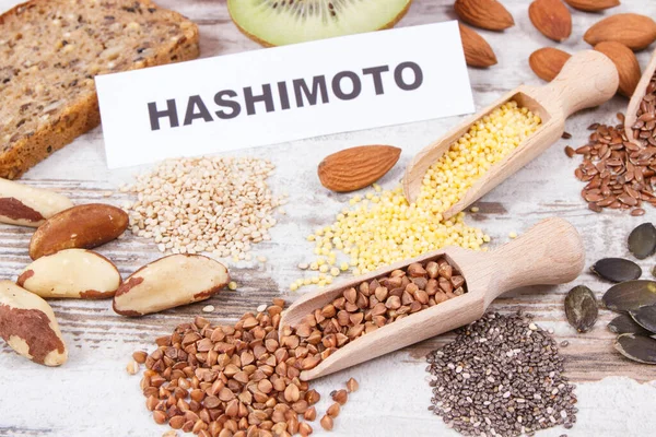 Iscrizione Hashimoto Migliori Ingredienti Prodotti Tiroide Sana Alimenti Contenenti Minerali — Foto Stock