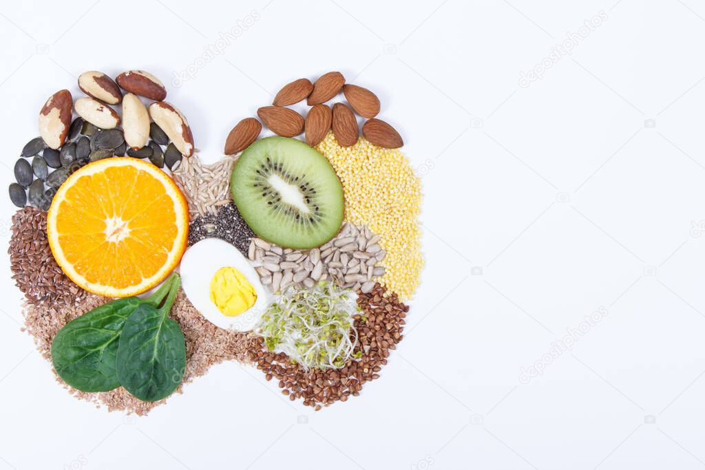 Best nutritious food for healthy thyroid. Natural eating containing vitamins and minerals. White background. Copy space for text