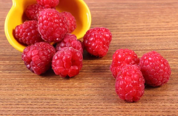 Fresh Raspberries Yellow Bowl Wooden Board Concept Healthy Food Dessert — Stock Photo, Image