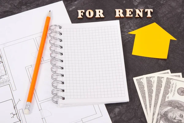 Inscription for rent, dollar and electrical drawing of house, concept of renting house or flat