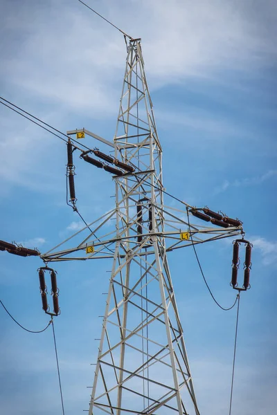 Poteau Électrique Haute Tension Avec Fils Ligne Transport Distribution Électricité — Photo