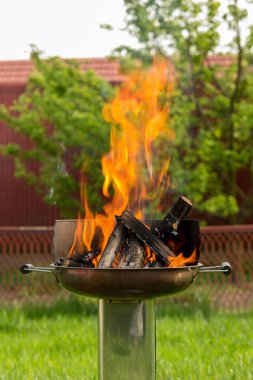 Ateş dalları, şenlik ateşi, odun yanığı, ateş, ev ızgarası için ateşleyici, şiş kebap pişirmek için kömür hazırlama. Izgarada yaz kampı ateşi