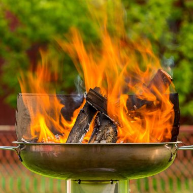 Ateş dalları, şenlik ateşi, odun yanığı, ateş, ev ızgarası için ateşleyici, şiş kebap pişirmek için kömür hazırlama. Izgarada yaz kampı ateşi