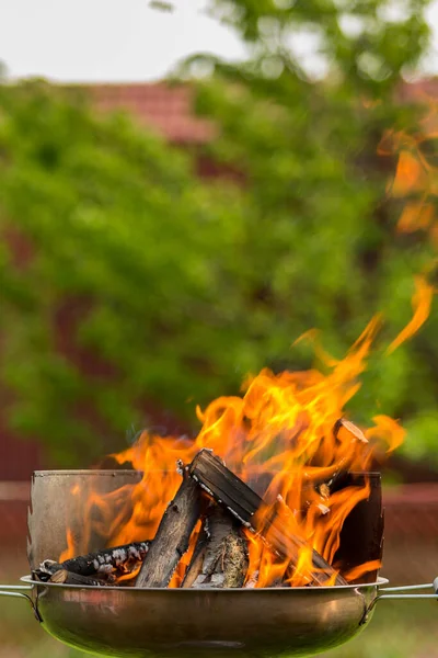 Branches on fire, bonfire, firewood burn, fire, igniter for home grill, preparation of coals for frying shish kebab. Summer campfire in the grill