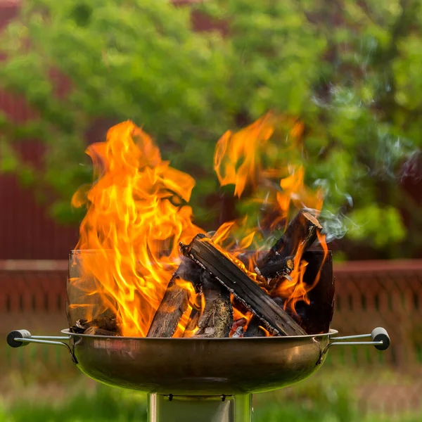 Branches on fire, bonfire, firewood burn, fire, igniter for home grill, preparation of coals for frying shish kebab. Summer campfire in the grill