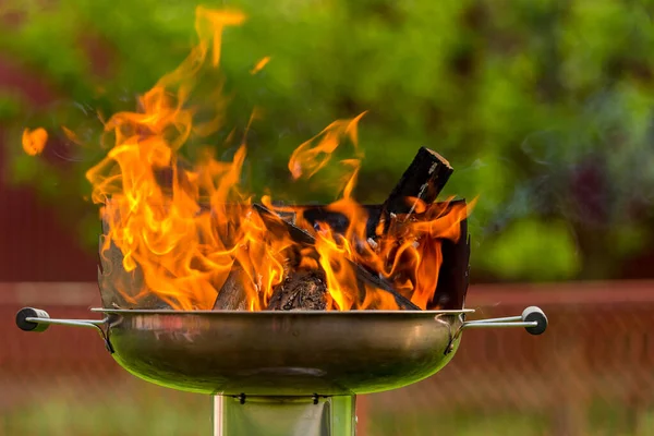 Branches on fire, bonfire, firewood burn, fire, igniter for home grill, preparation of coals for frying shish kebab. Summer campfire in the grill