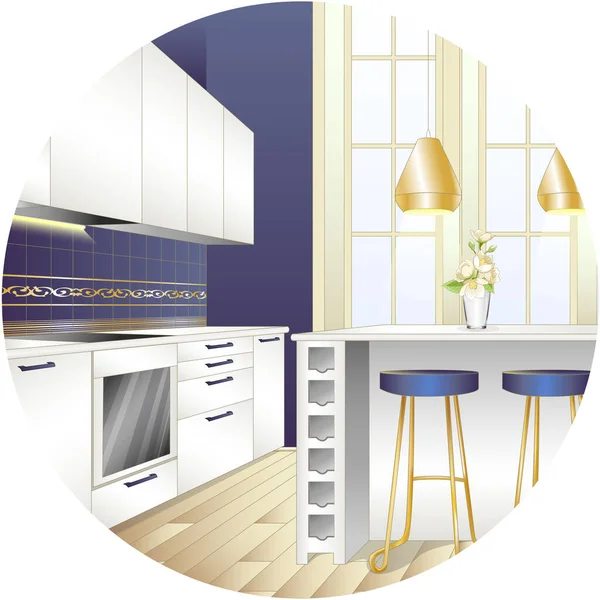 Moderno Realista Blanco Azul Cocina Interior Diseño Ilustración — Vector de stock