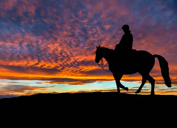 Silueta del jinete a caballo al atardecer dramático — Foto de Stock