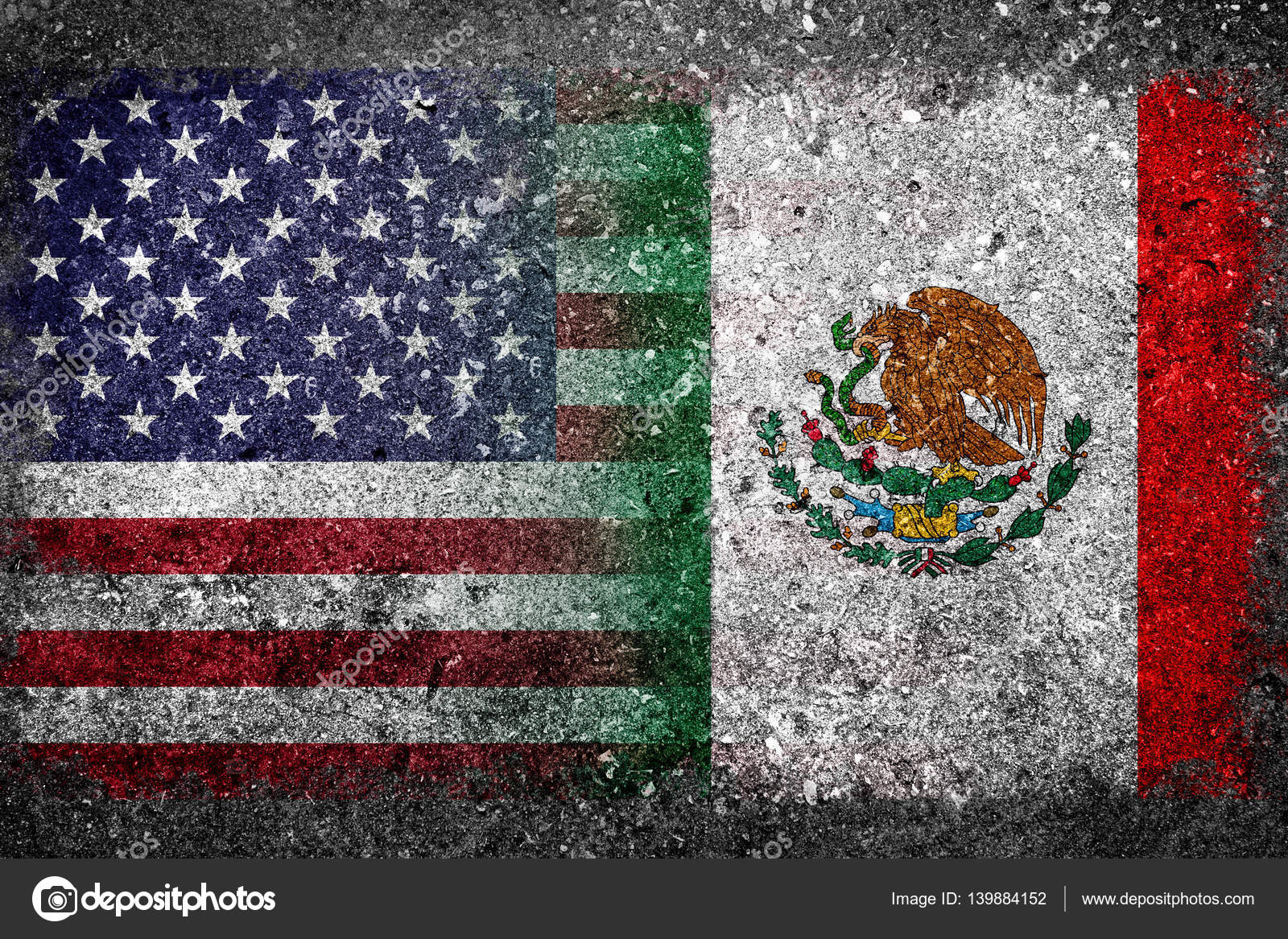 Banderas combinadas de Estados Unidos y México pintado en pared de