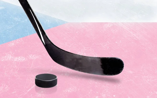 Hockey Stick and Puck com bandeira da República Checa no gelo — Fotografia de Stock