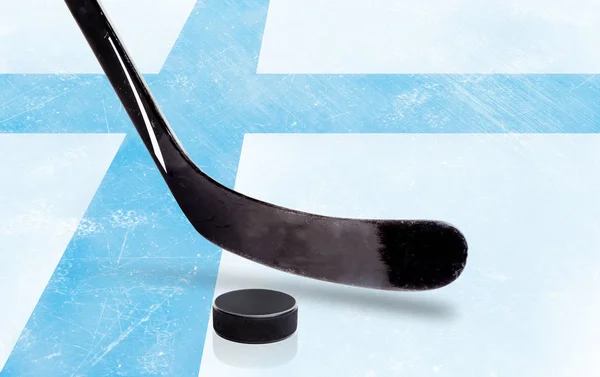 Hockey Stick and Puck With Finland Flag on Ice — Stock Photo, Image