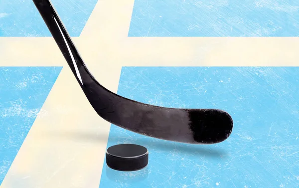 Hockey Stick and Puck With Sweden Flag on Ice — Stock Photo, Image