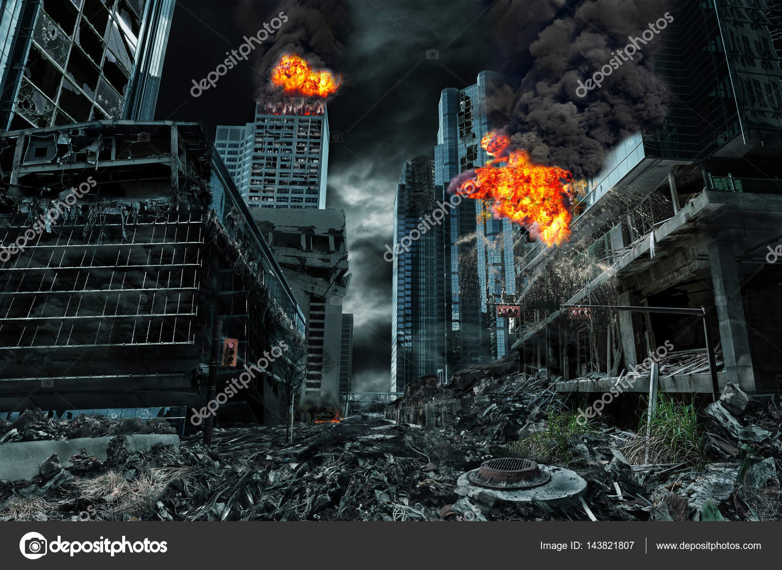 фон апокалипсис. разрушенный город в огне. руины нью-йорка арт. фантастический город. постап париж.