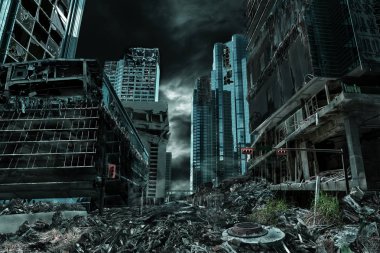 Cinematic Portrayal of Destroyed and Deserted City clipart