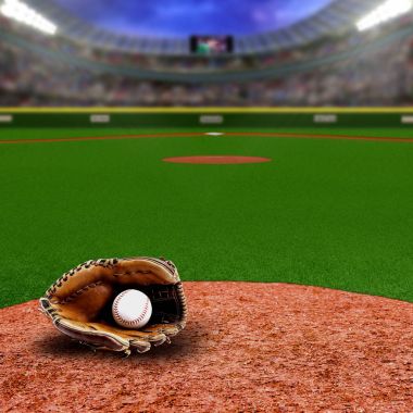 Eldiven ve kopya alanı ile top ile Beyzbol Stadyumu