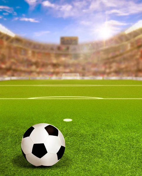 Soccer Arena With Sun Flare and Ball on Field — Stock Photo, Image