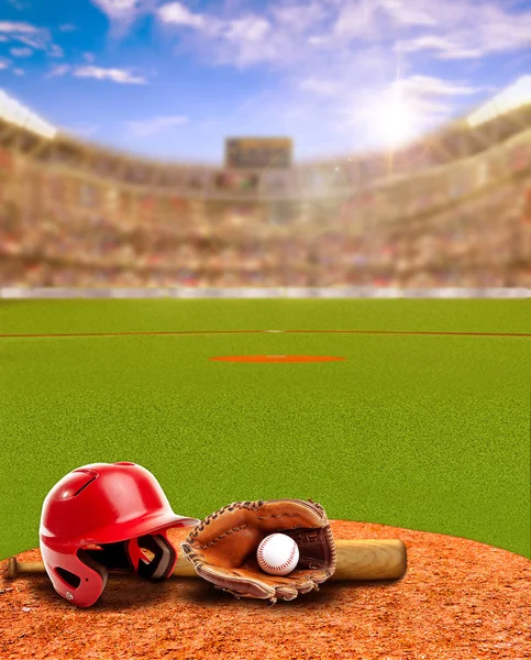 Sunset on Baseball Stadium With Equipment and Copy Space