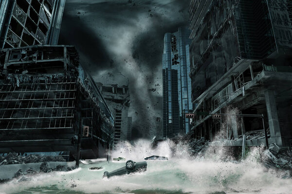 A cinematic portrayal of a city destroyed by a typhoon or hurricane landfall and bringing with it a storm surge. Elements in this cityscape were carefully created, modified and manipulated to resemble a fictitious disaster scene.