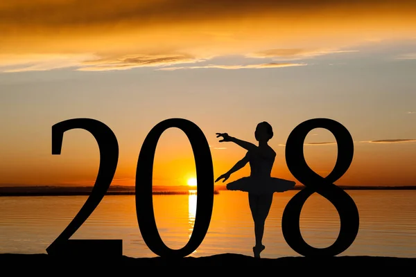 2018 Nieuwjaar silhouet van Ballet meisje op gouden zonsondergang — Stockfoto