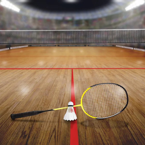 Cour de badminton avec Shuttlecock sur sol en bois et espace de copie — Photo