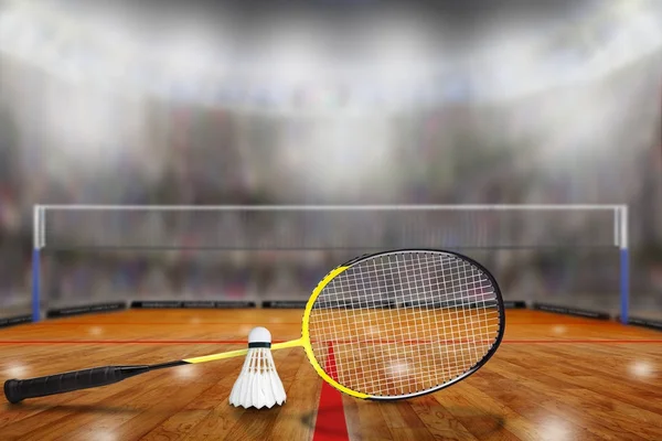Raquette de badminton et Shuttlecock dans l'arène avec espace de copie — Photo