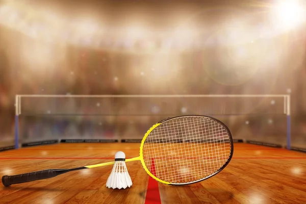 Raquette de badminton et Shuttlecock dans l'arène avec espace de copie — Photo