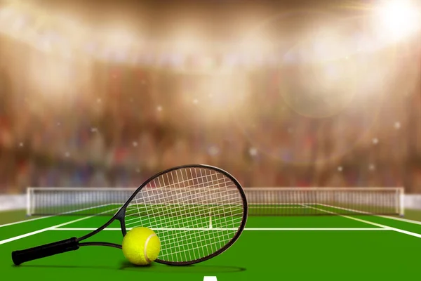 Tenis raket ve top kopya alanı ile sabit sahasında — Stok fotoğraf
