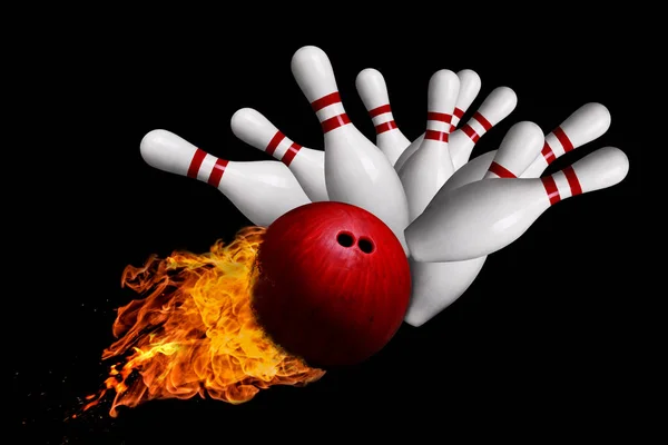 Fiery Ball Hitting Pins in Bowling Strike Isolated on Black Back