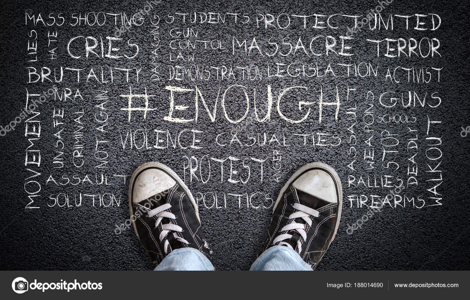 Teen Wearing Canvas Shoes on Asphalt With # Enough Word Cloud — Stock Photo, Image