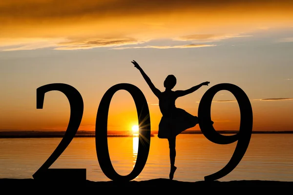 2019 Nieuwjaar Silhouet Van Een Meisje Ballet Dansen Het Strand — Stockfoto