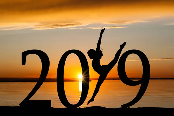 2019 Nieuwjaar Silhouet Van Een Meisje Dansen Uitoefent Het Strand — Stockfoto