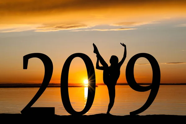 2019 Nieuwjaar Silhouet Van Een Meisje Dansen Uitoefent Het Strand — Stockfoto