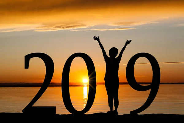 2019 New Year Silhouette Girl Hands Raised Beach Golden Sunrise — Stock Photo, Image