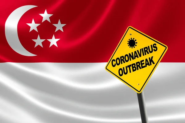 Varovné znaménko propuknutí koronaviru se singapurskou vlajkou — Stock fotografie