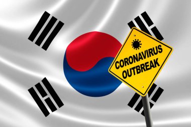 Güney Kore bayrağına Coronavirus Covid-19 salgını uyarısı.
