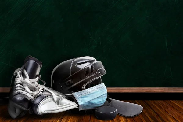 Ice Hockey Helmet Wearing Surgical Mask Background Chalk Board Copy — Stock Photo, Image