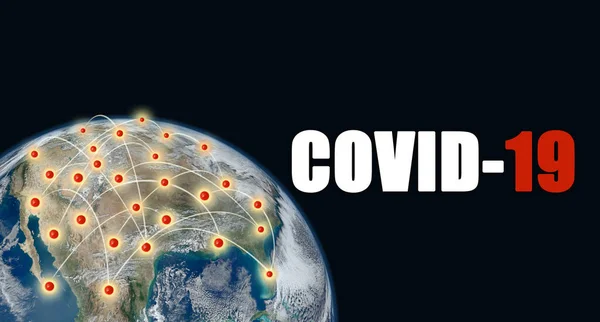 Planet earth with COVID-19 coronavirus pandemic spreading over map of United States, North America and the world, with copy space. Elements of this image furnished by NASA.