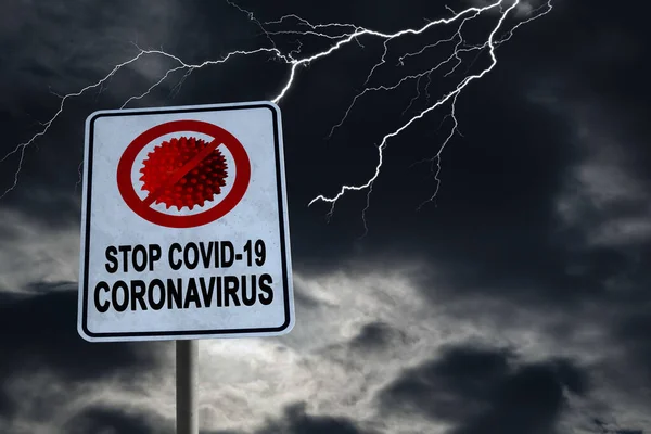 Stoppa Covid Coronavirus Tecken Mot Mörk Molnig Himmel Med Blixt — Stockfoto