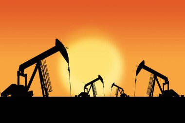 Rows of oil pumpjacks silhouette against a sunset sky with copy space. Oil and gas energy exploration. clipart