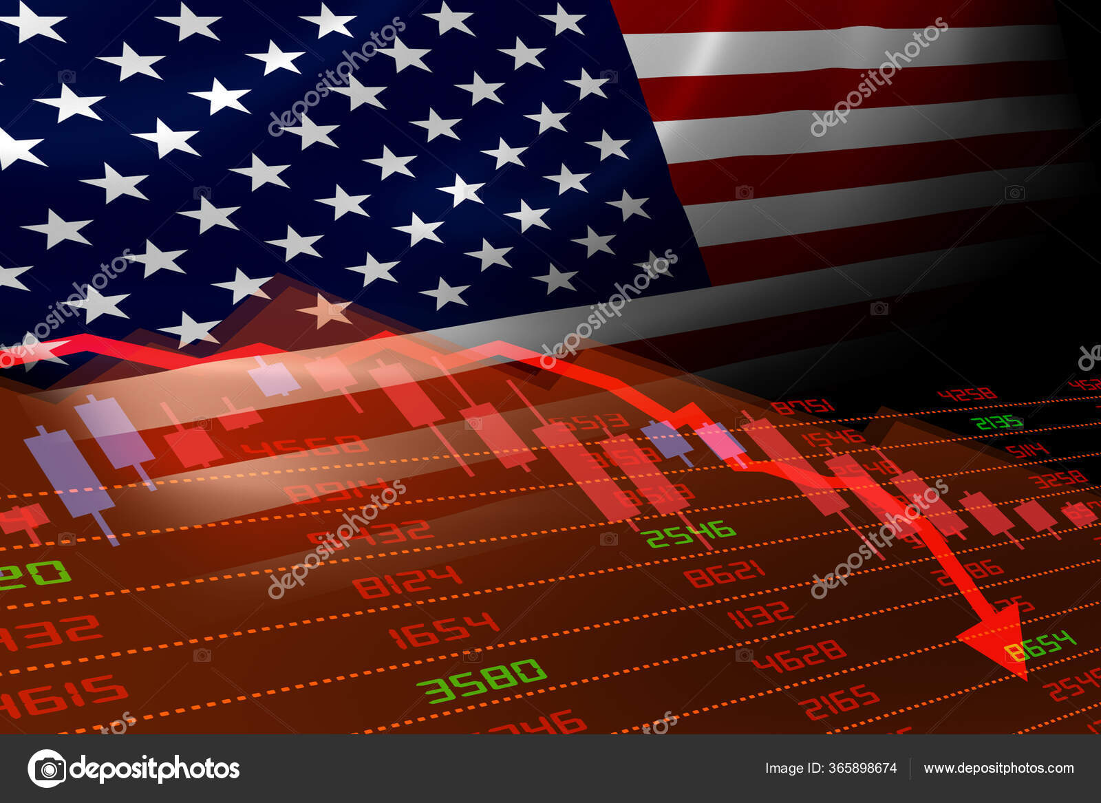 美国经济下滑股票市场显示股市下跌处于红色负区间美国的商业和金融市场危机概念——图库图片© ronniechua #365898674
