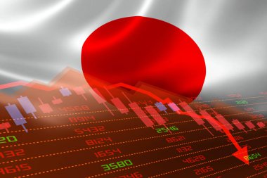 Hisse senedi borsasının düşüşü ve kırmızı negatif bölgede görülmesiyle Japonya 'daki ekonomik kriz. İş ve mali para piyasası krizi konsepti.