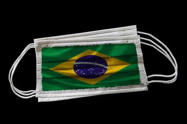 Surgical Face Masks Brazil Flag Printed Isolated Black Background Concept — Stock Photo, Image