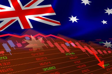 Avustralya 'da borsanın düşüşü ve kırmızı negatif bölgede borsanın düşüşü ile birlikte ekonomik kriz. İş ve mali para piyasası krizi konsepti.