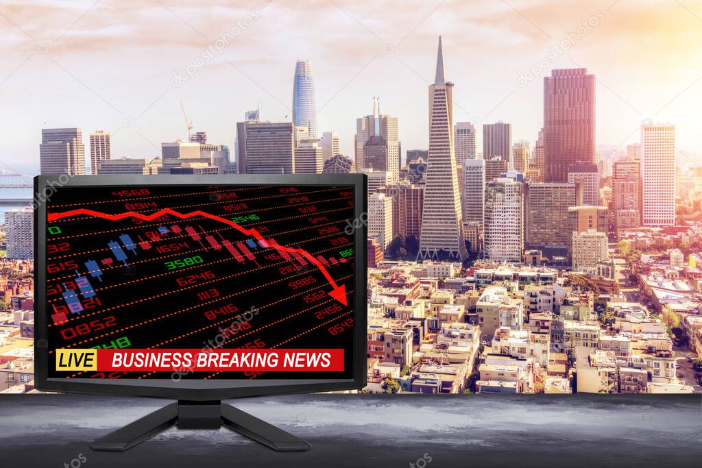Live business breaking news on TV screen with stock and financial indicators showing economic downturn or recession and San Francisco city background. Concept of major event like Covid-19 driving market down business industries.