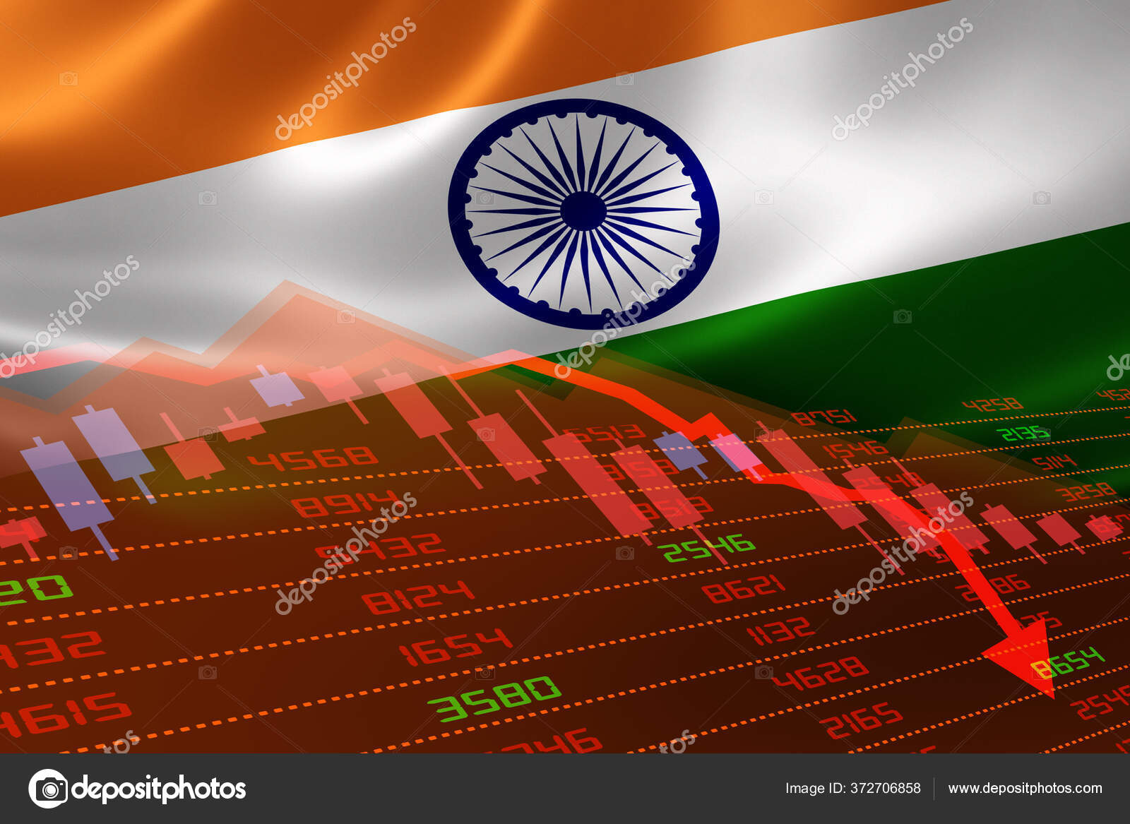 印度经济下滑证交所市场显示股市走低处于红色负数区间Covid 19或其他灾难造成的商业和金融市场危机概念——图库图片© ronniechua  #372706858