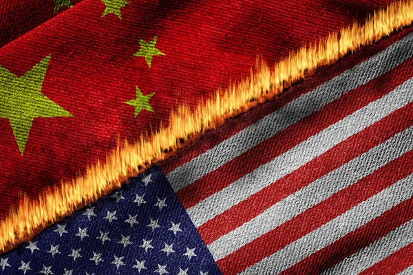 Flags Usa China Fire Concept Conflict Countries Due Trade Dispute — Stock Photo, Image