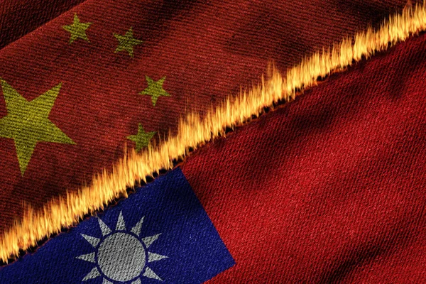 Rendering Delle Bandiere Cina Taiwan Fiamme Che Illustra Concetto Tensione — Foto Stock