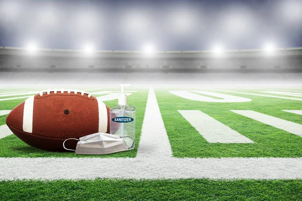 Football Field Empty Stadium Hand Sanitizer Medical Face Mask Concept — Stock Photo, Image