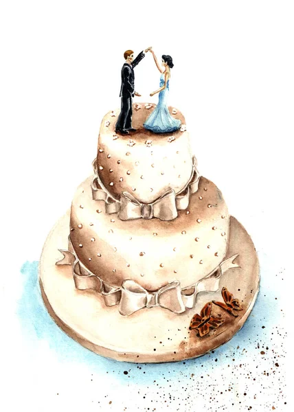 花嫁と新郎の人形と水彩イラストの結婚式のケーキ — ストック写真