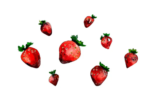 Akvarell Illusztráció Izolált Gyümölcsös Eper Háttér Minta — Stock Fotó